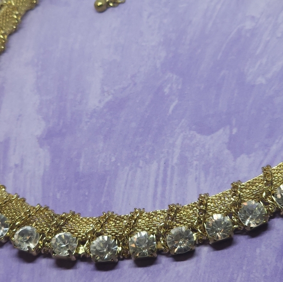 Gold Tone & Rhinestone Statement Mesh and Chain Necklace - Picture 9 of 10